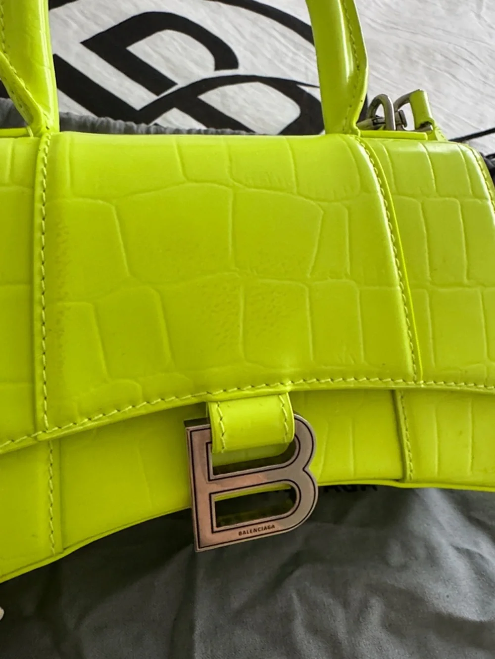 Balenciaga Neon Lime Croc-Embossed Hourglass Mini Top-Handle Bag - Picture 3 of 6